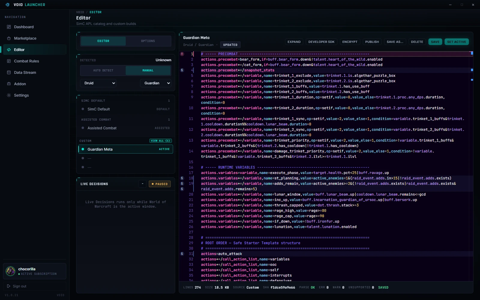 The Void APL editor with syntax highlighting, diagnostics and a Guardian rotation